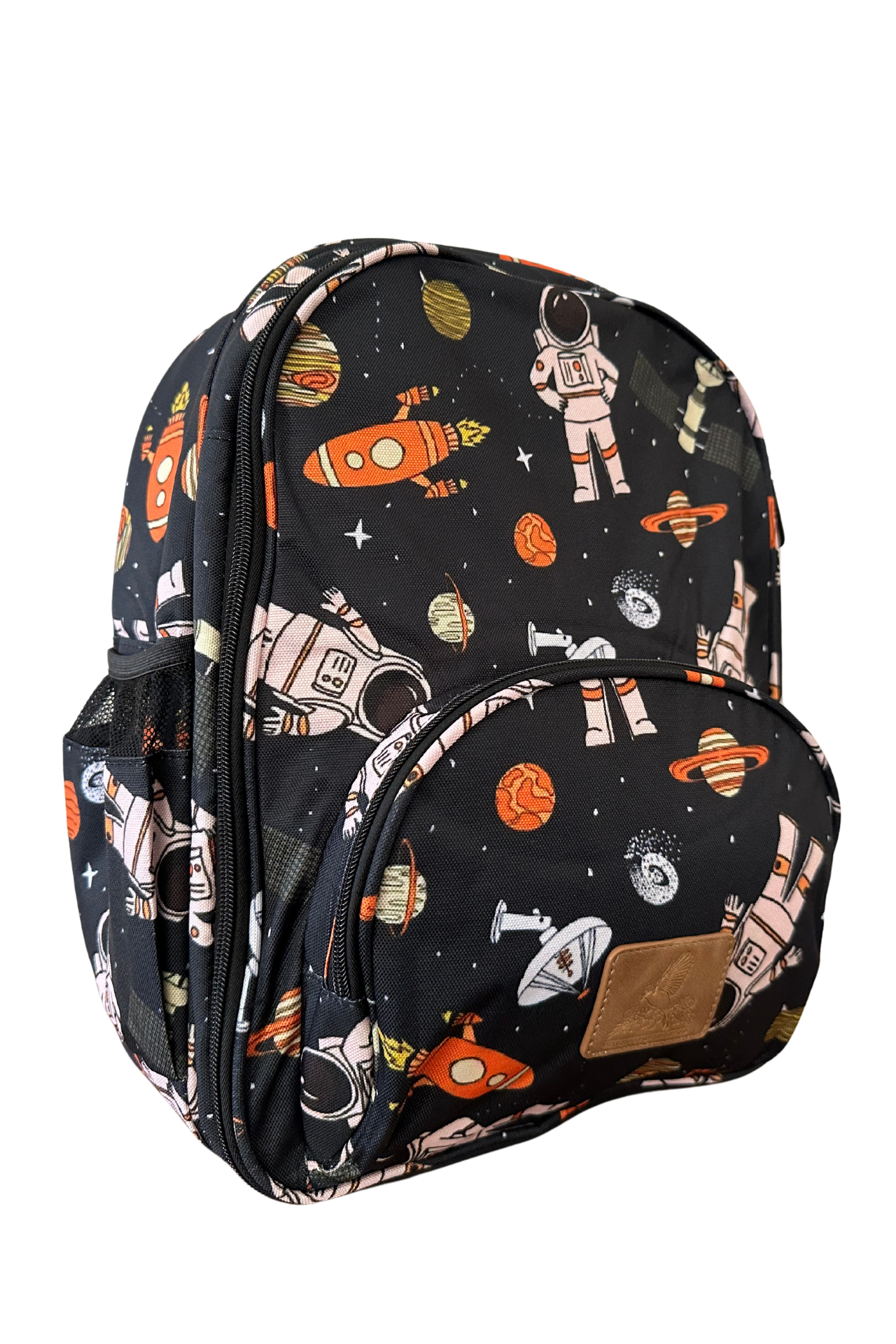 Preschool backpack with cosmic pattern, planets, and playful astronaut art