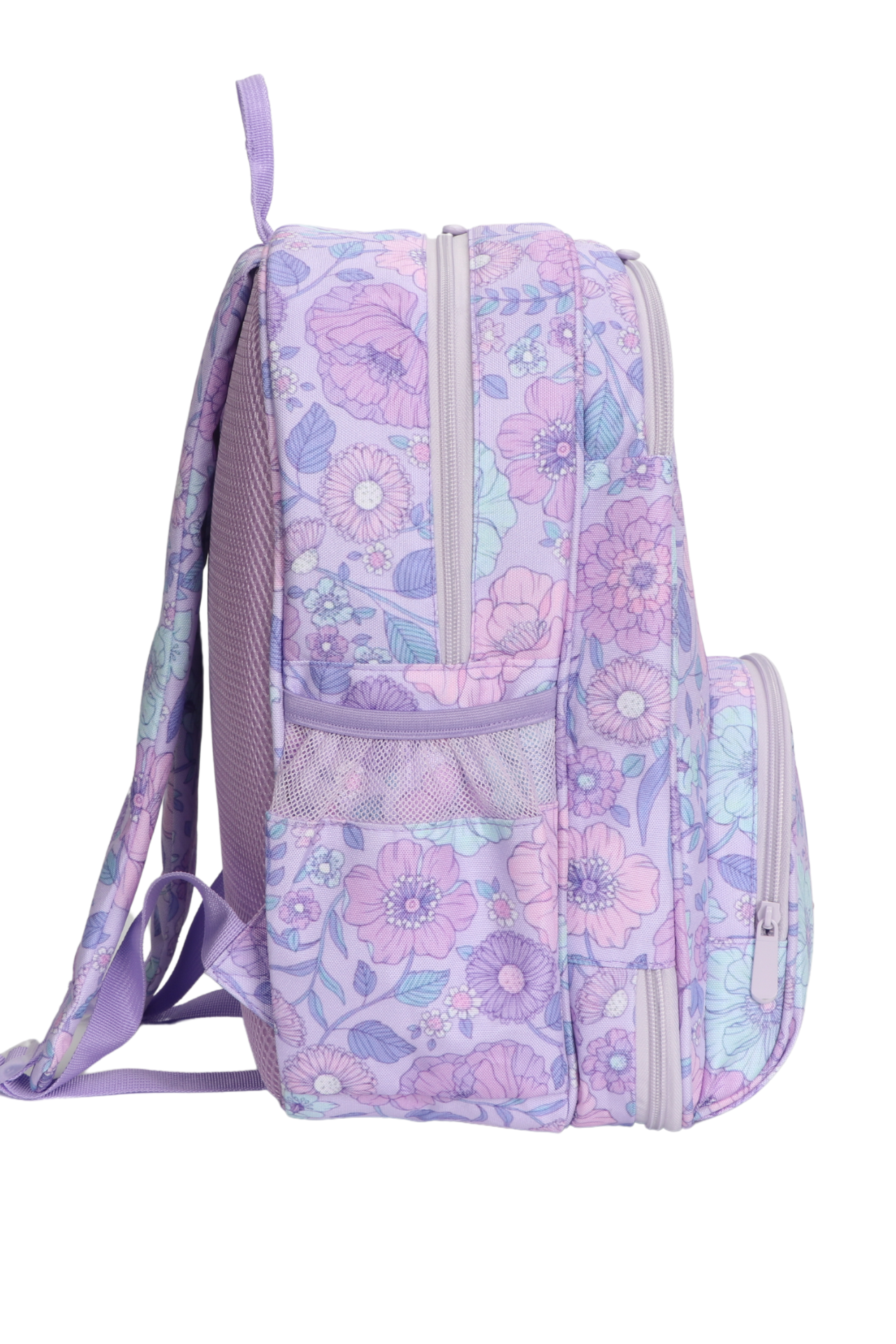Dreamy purple backpack with large pastel flowers and botanical print