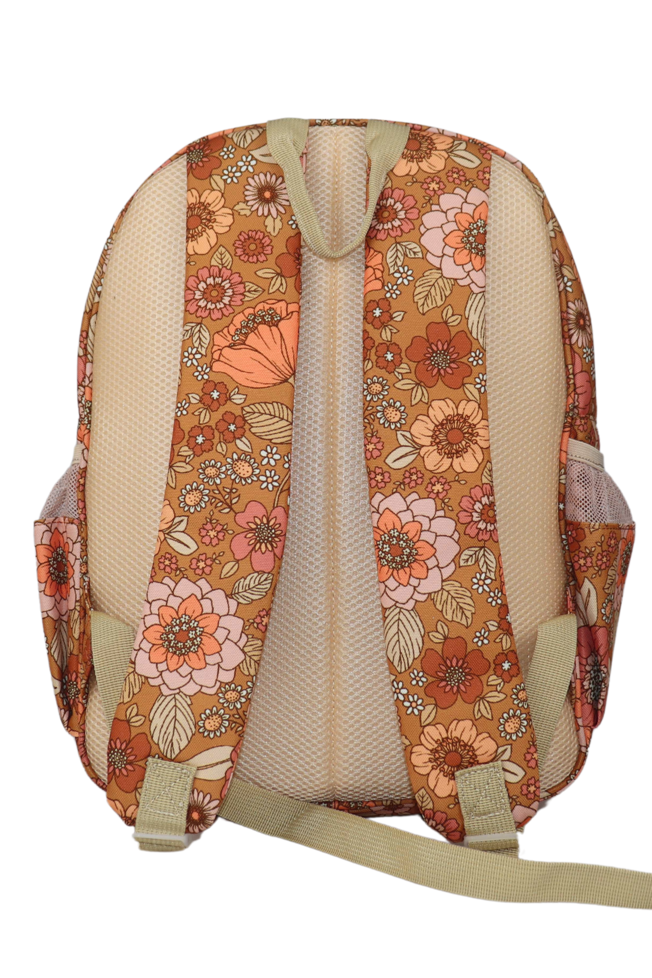 Floral girls backpack with earthy tones and vintage blossom pattern