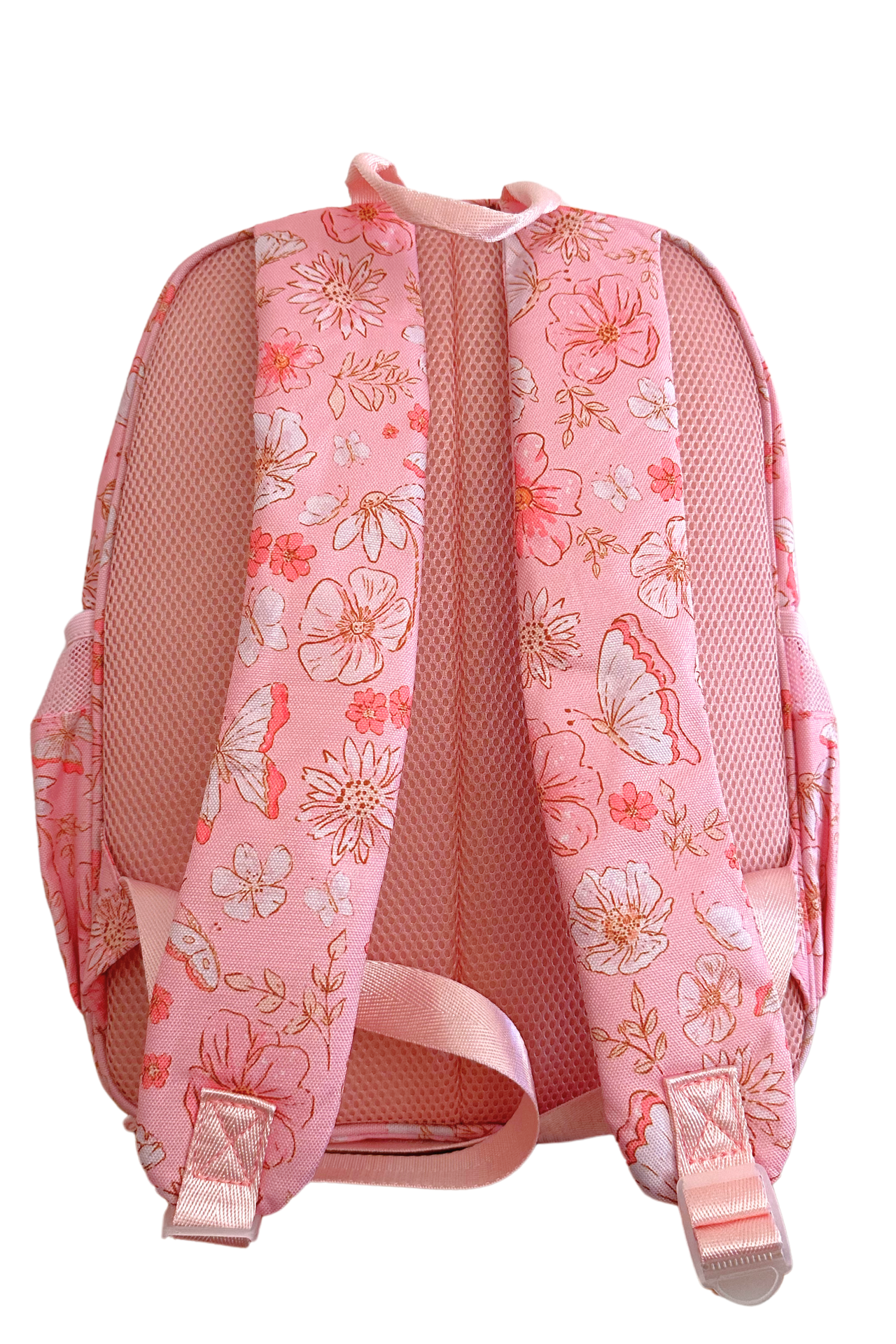 Coral pink preschool backpack for girls with sunny floral accents