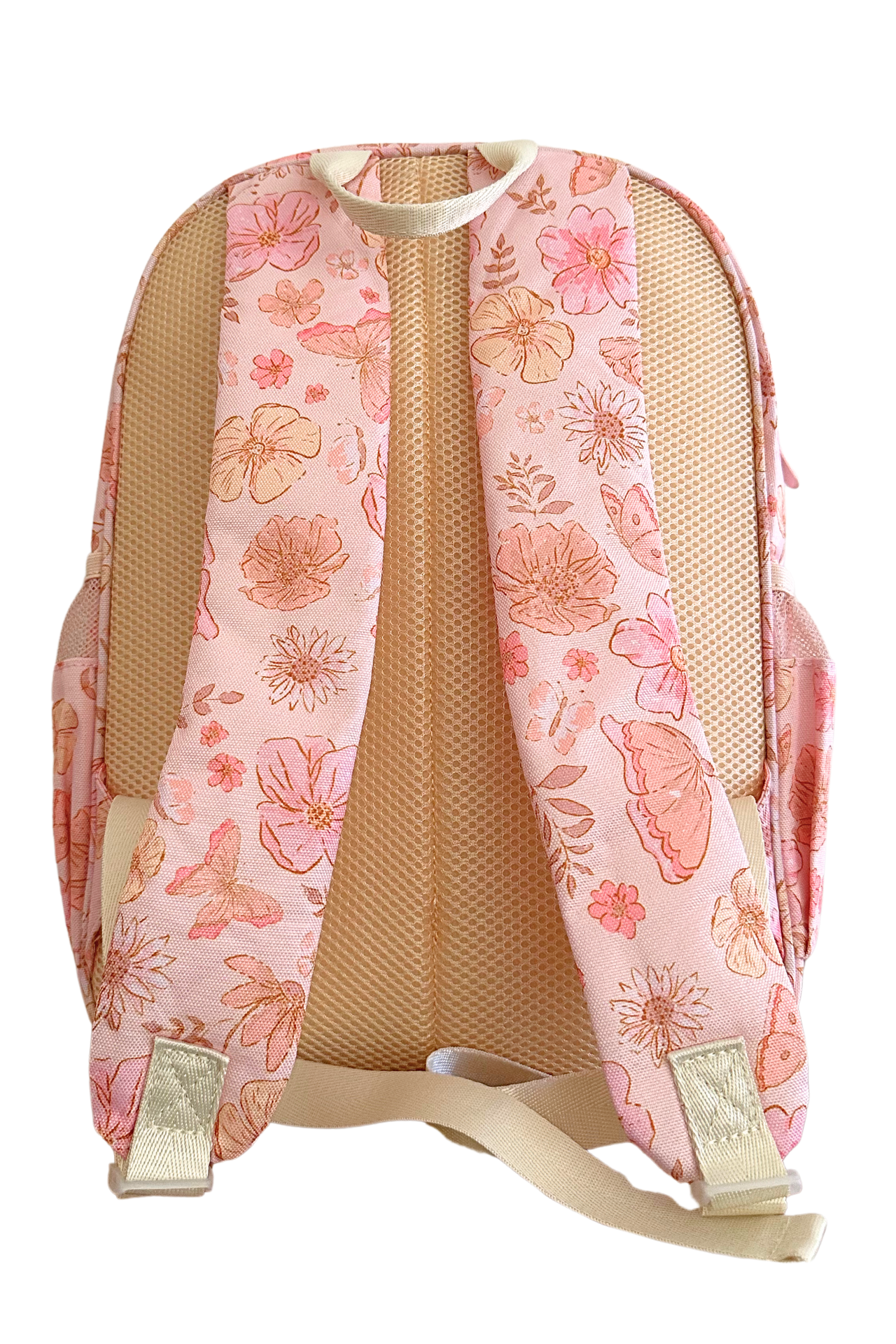 Nature-inspired backpack for girls featuring butterflies and soft blooms