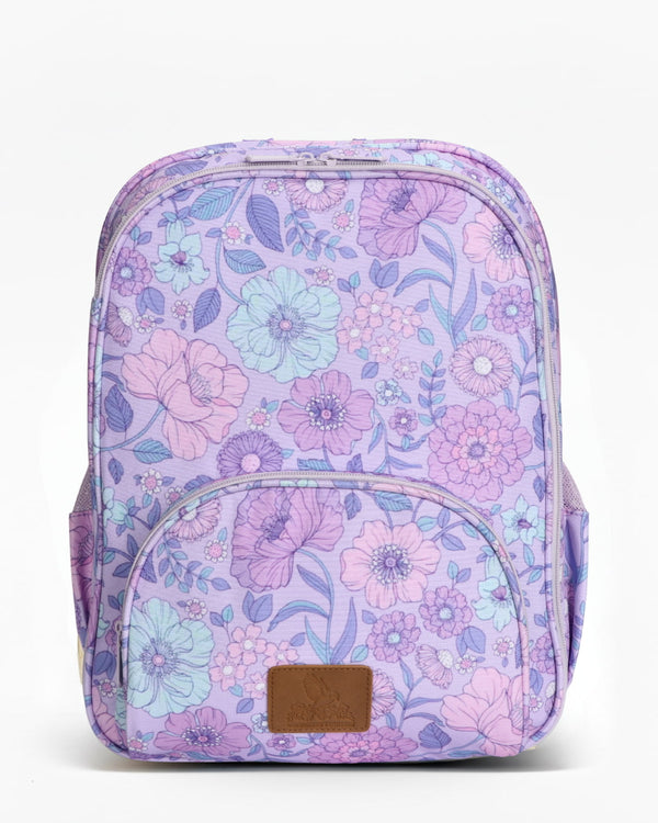 Floral-patterned backpack on a white background