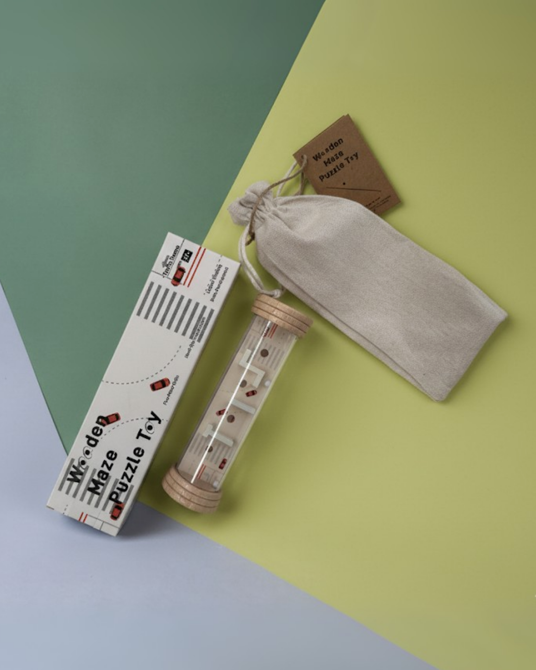 Wooden Rolling Ball Maze Game in red and white design – educational wooden puzzle toy with cotton storage bag and box packaging.