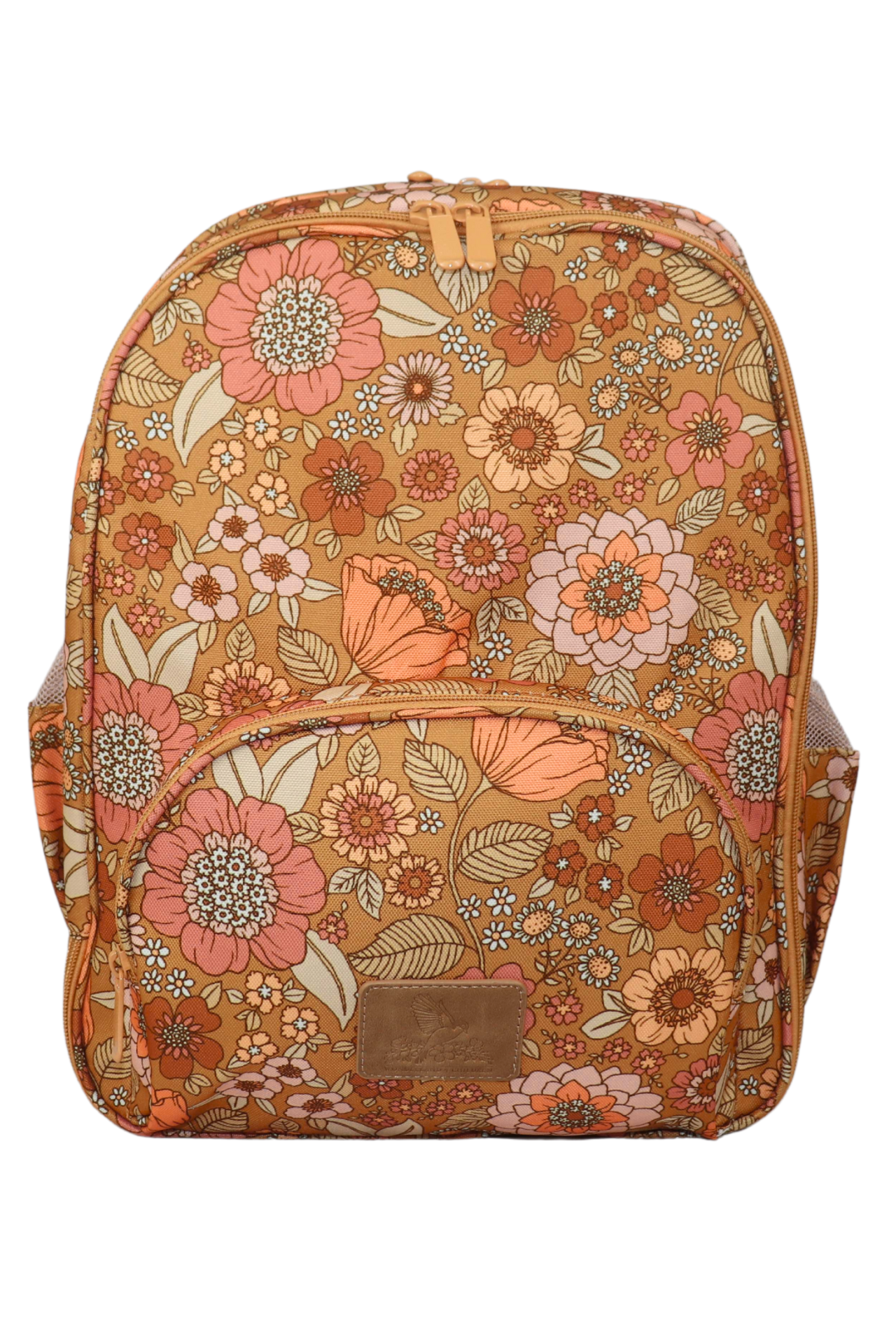 Vintage-style toddler backpack with mustard background and floral print
