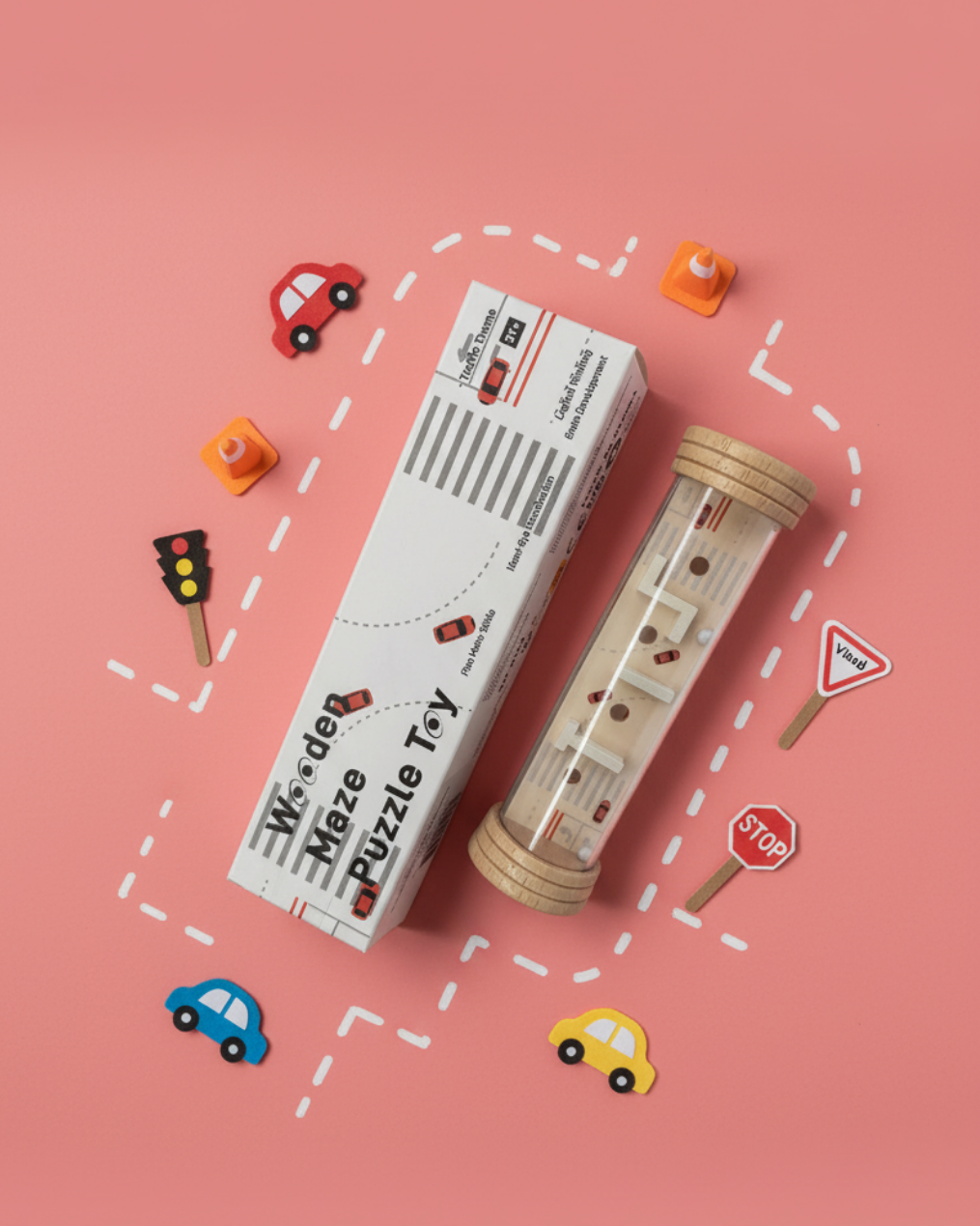 Educational wooden maze puzzle toy with rolling ball challenge for kids and adults.