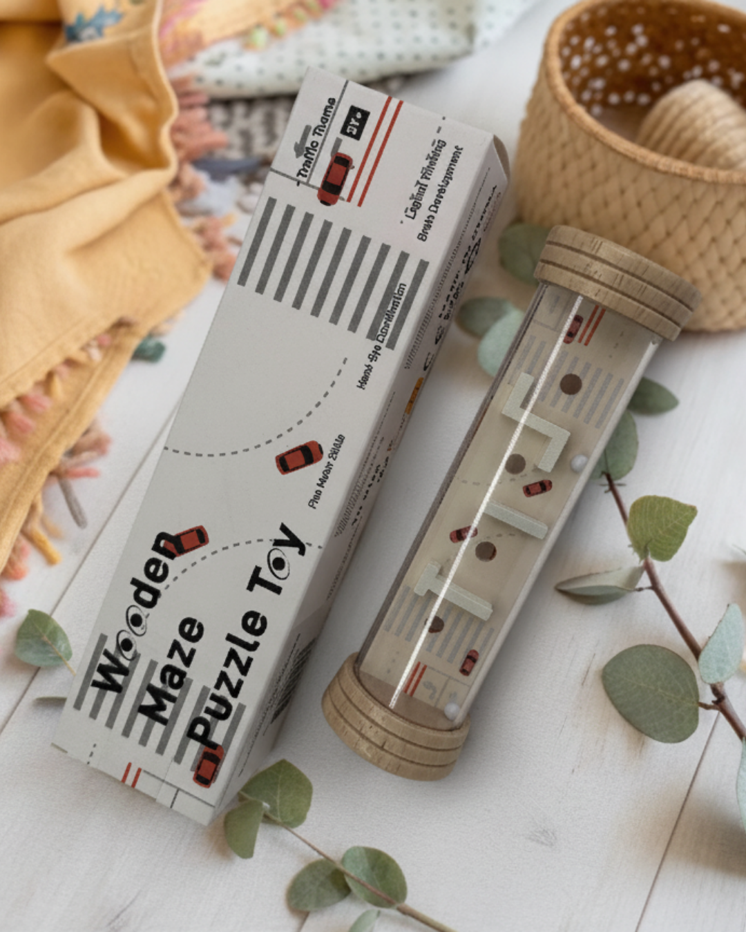 Montessori-style wooden maze ball toy promoting focus and hand-eye coordination.