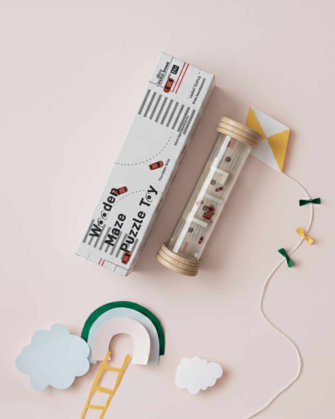 Modern wooden puzzle maze with car path design, includes drawstring pouch and box