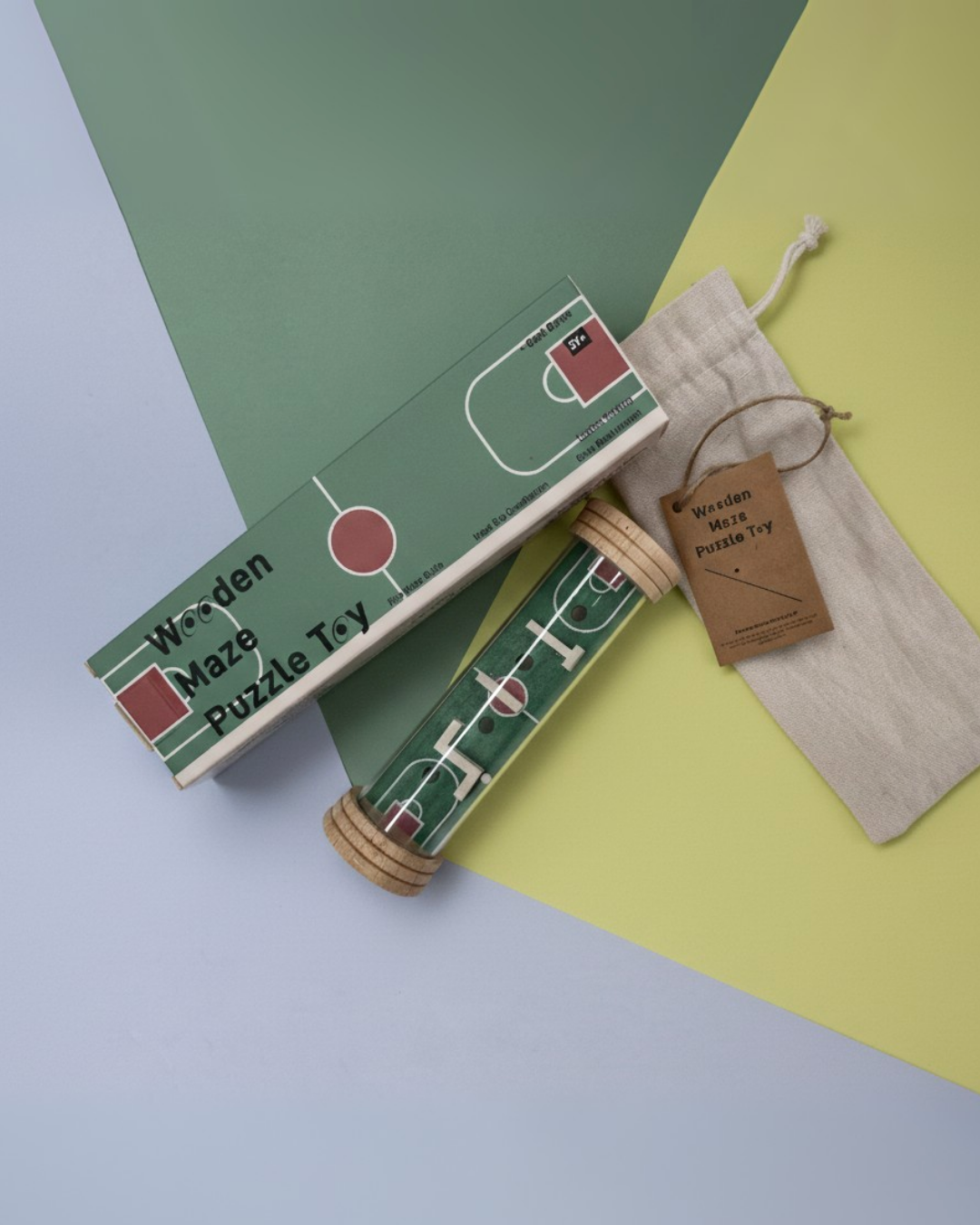 Sports field design Wooden Maze Puzzle Toy – rolling ball maze game for children with natural wood ends and cotton pouch.