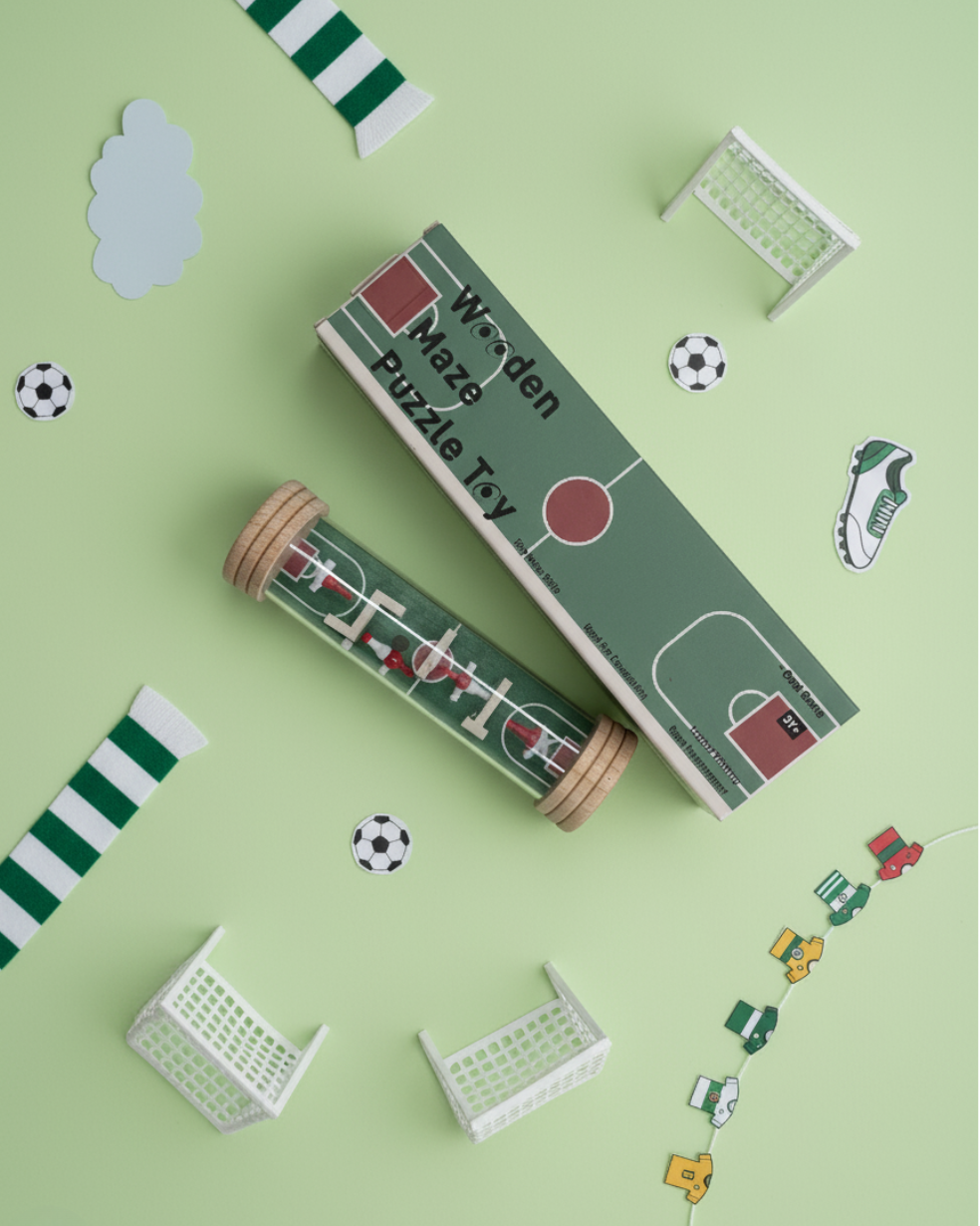 Sports field design Wooden Maze Puzzle Toy – rolling ball maze game for children with natural wood ends and cotton pouch.