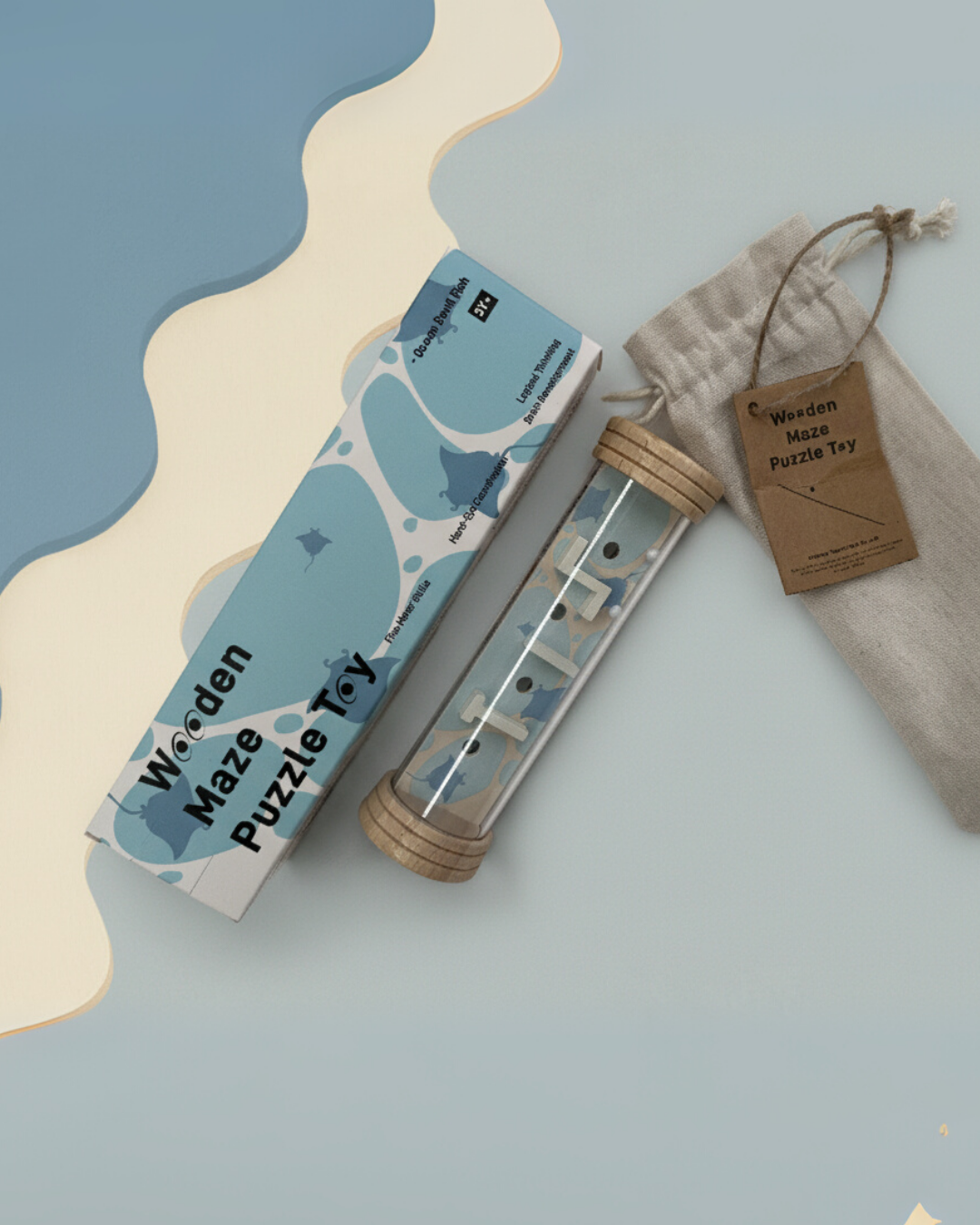 Blue Wooden Rolling Ball Maze Game inspired by ocean waves, includes fabric bag and box.