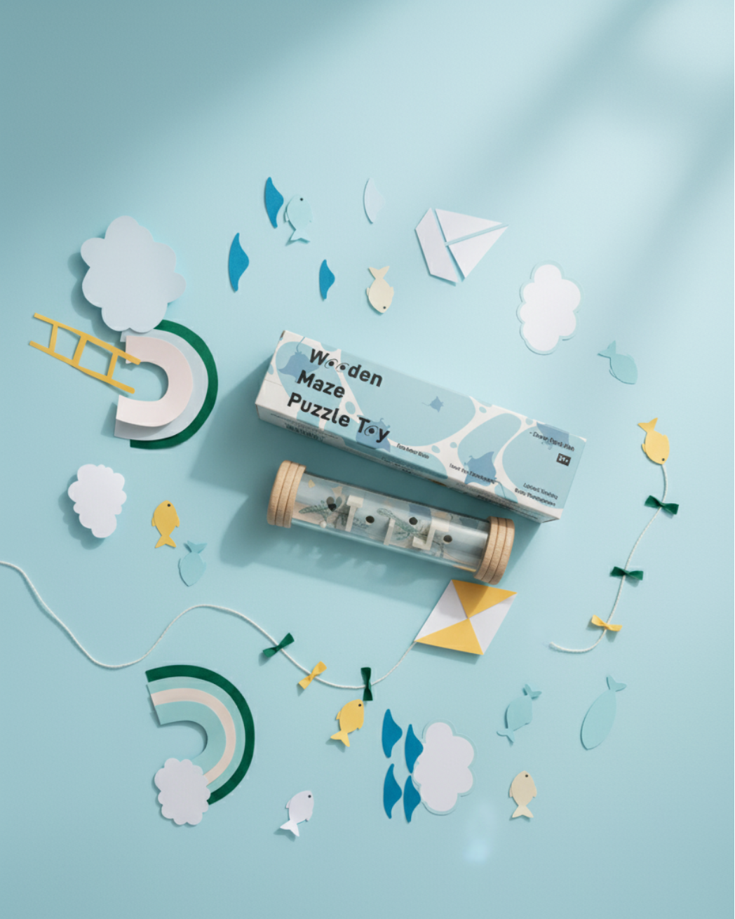 Eco-friendly wooden maze puzzle toy with rolling ball, sea-inspired blue design.