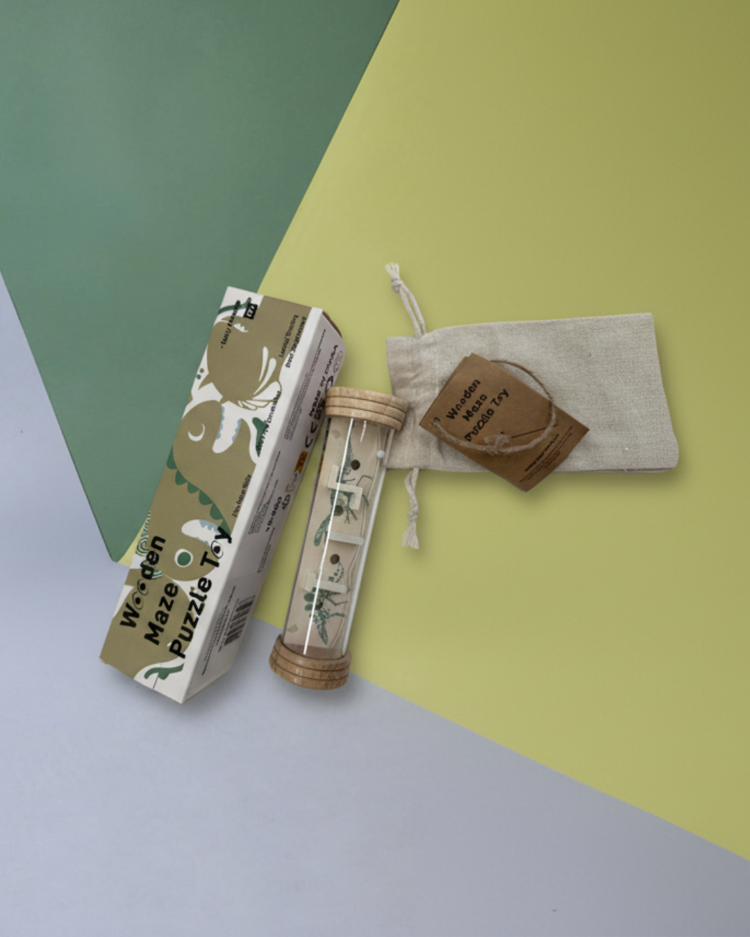 Dinosaur-themed Wooden Maze Puzzle Toy – fun rolling ball game for kids, packed with fabric pouch and eco box.