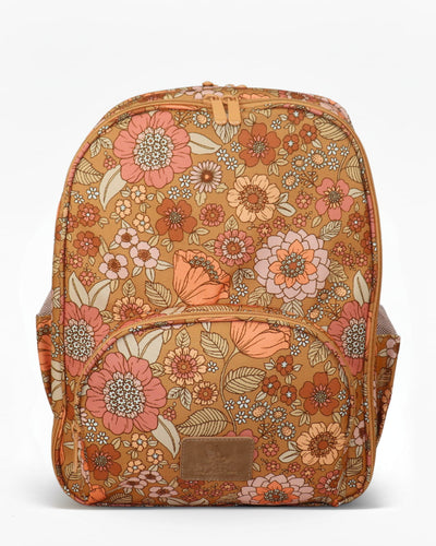Floral-patterned backpack on a white background