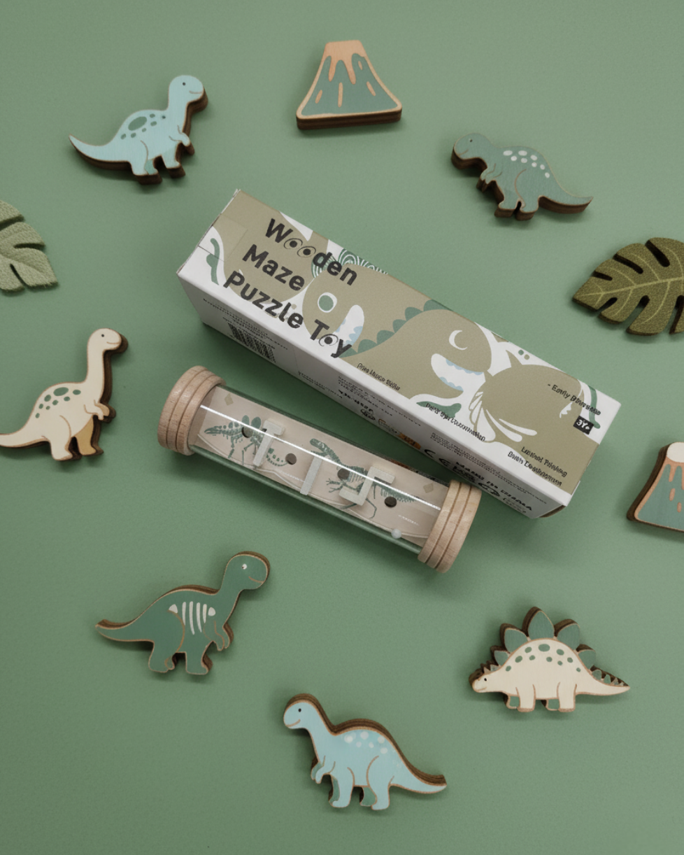 Eco wooden maze puzzle featuring cute dinosaur prints – engaging rolling ball toy for kids.