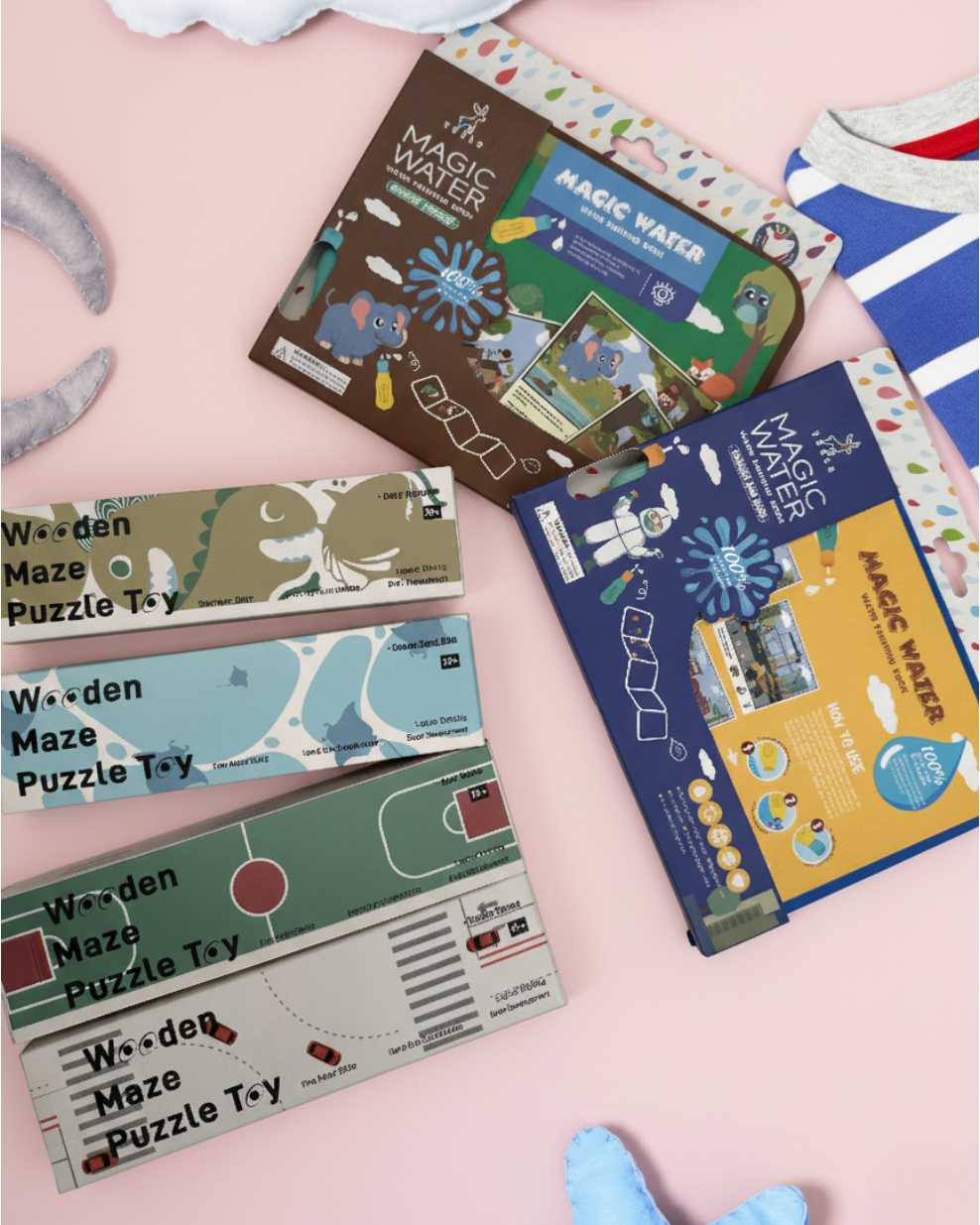 Montessori wooden maze and water painting books for kids – portable, sustainable, and engaging.