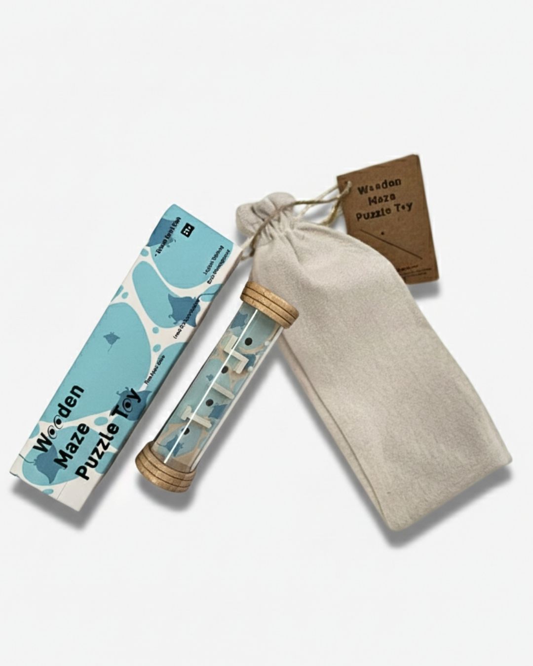 Blue Wooden Maze Puzzle Toy – eco-friendly rolling ball brain teaser for kids, with drawstring storage bag and gift box.