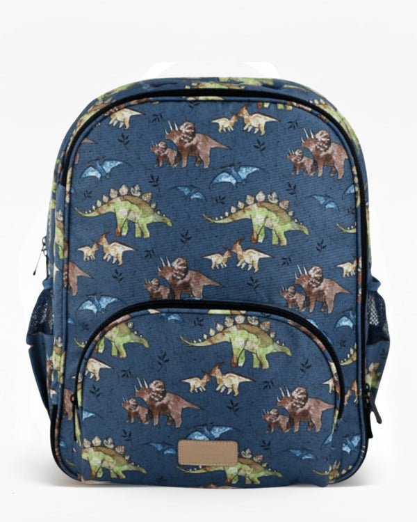 Backpack with dinosaur pattern on a blue background