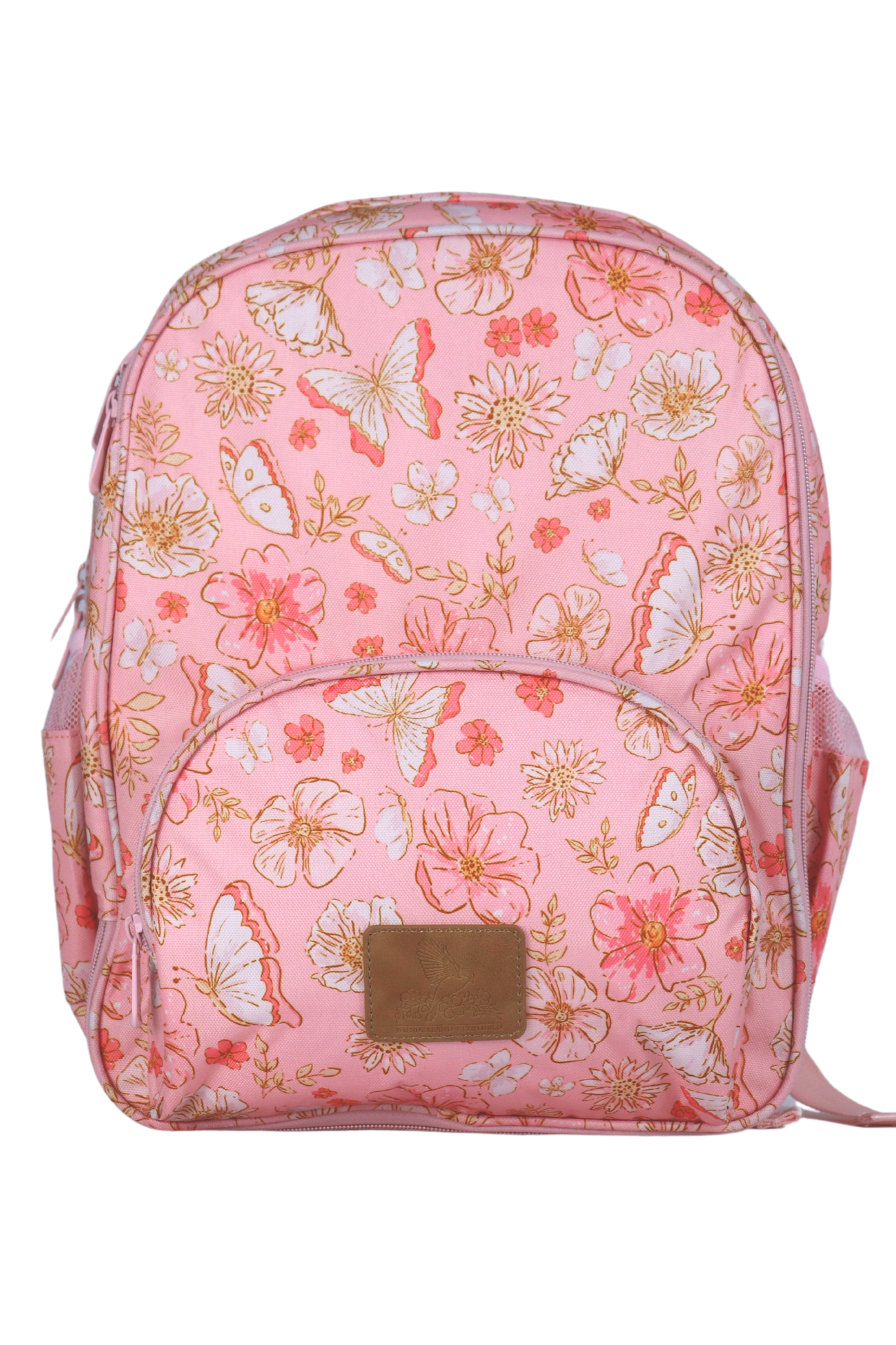 Girls’ pink backpack with butterflies and floral print for school and daycare