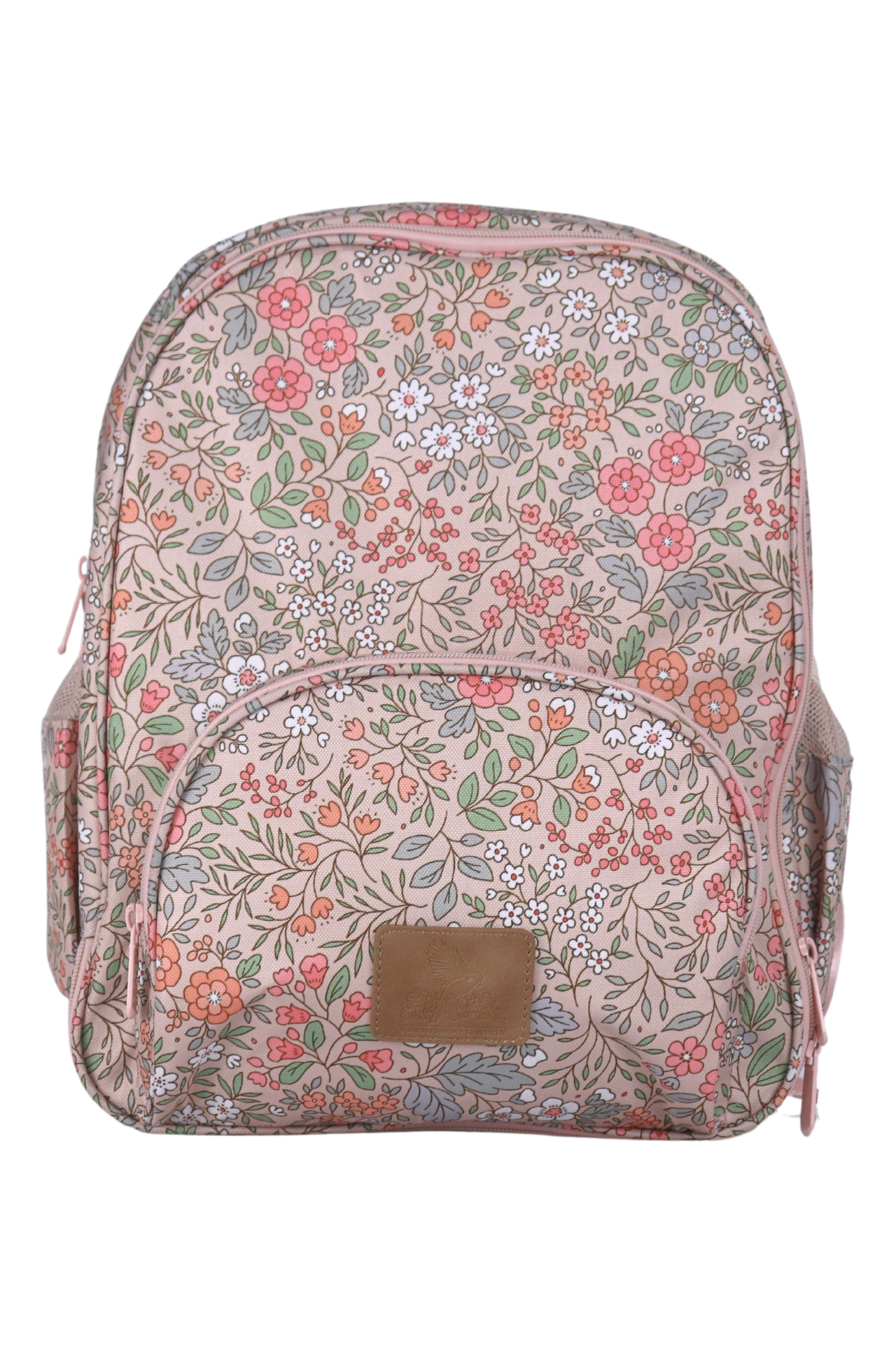 Vintage floral girls backpack with pink, coral, and green flowers on beige