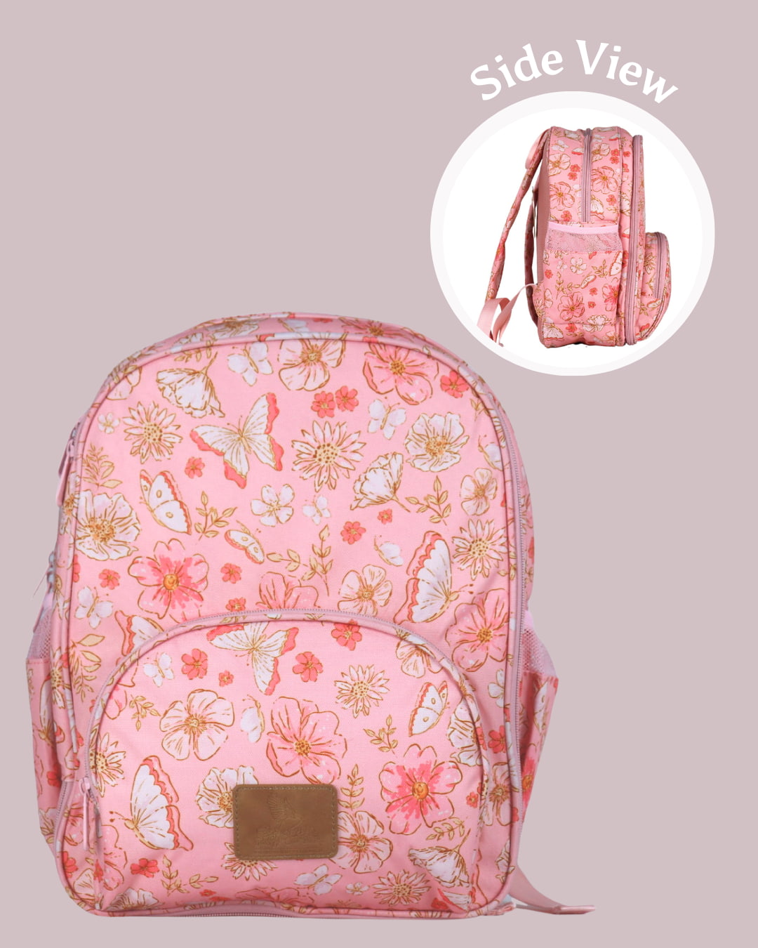 Pink floral backpack with side view inset on a light gray background