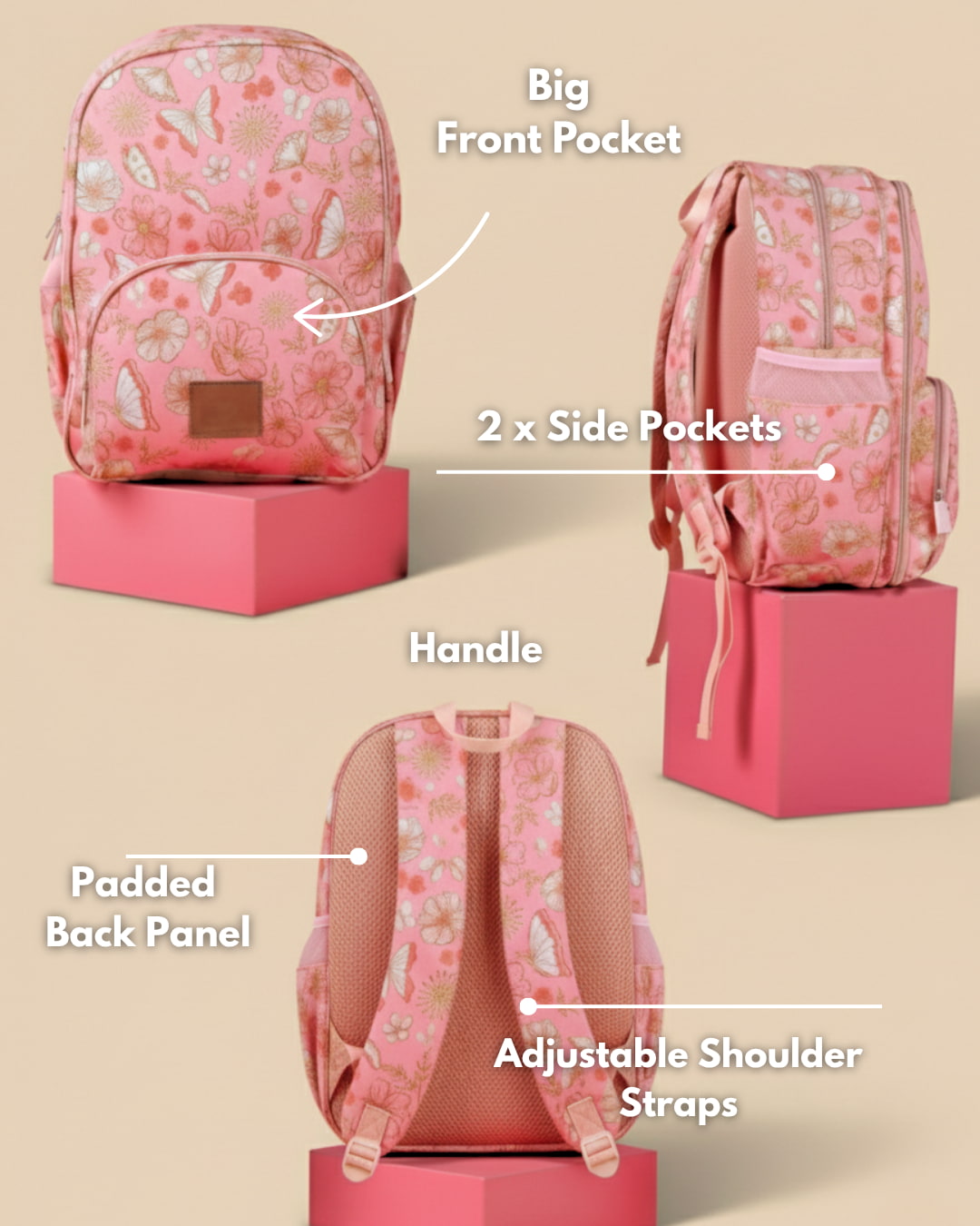 Pink floral backpack with labeled features on a beige background