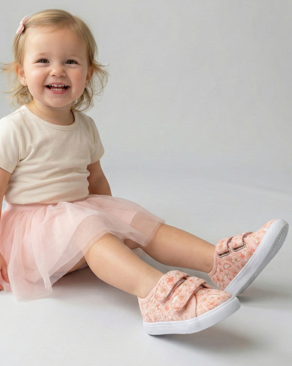 Child wearing pink floral shoes and a matching outfit on a light background