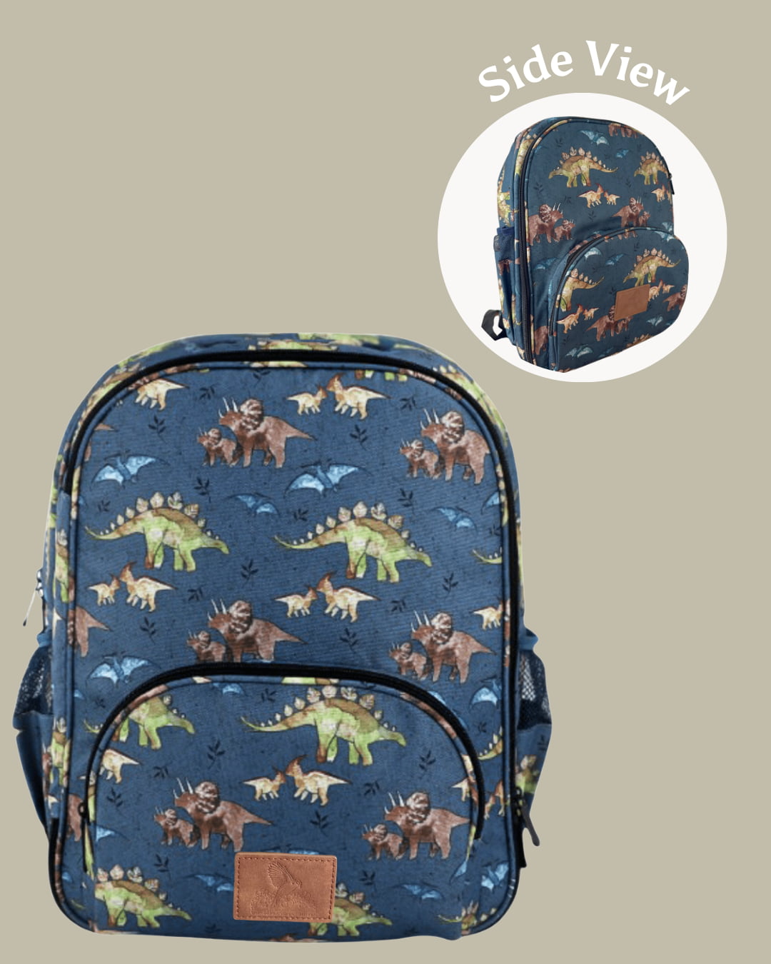 Backpack with dinosaur pattern on a beige background