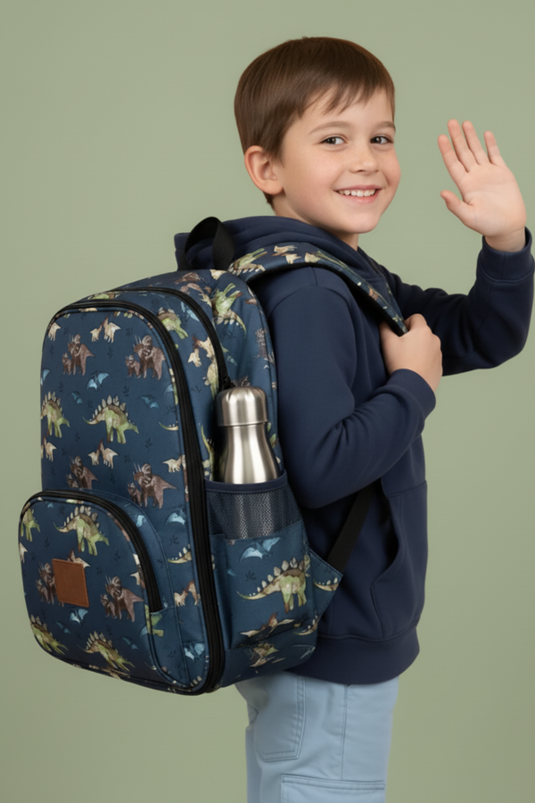 Child wearing a dinosaur-patterned backpack with a water bottle, waving against a plain background