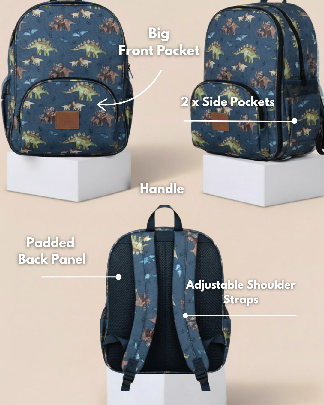 Backpack with dinosaur pattern on a beige background, labeled features.