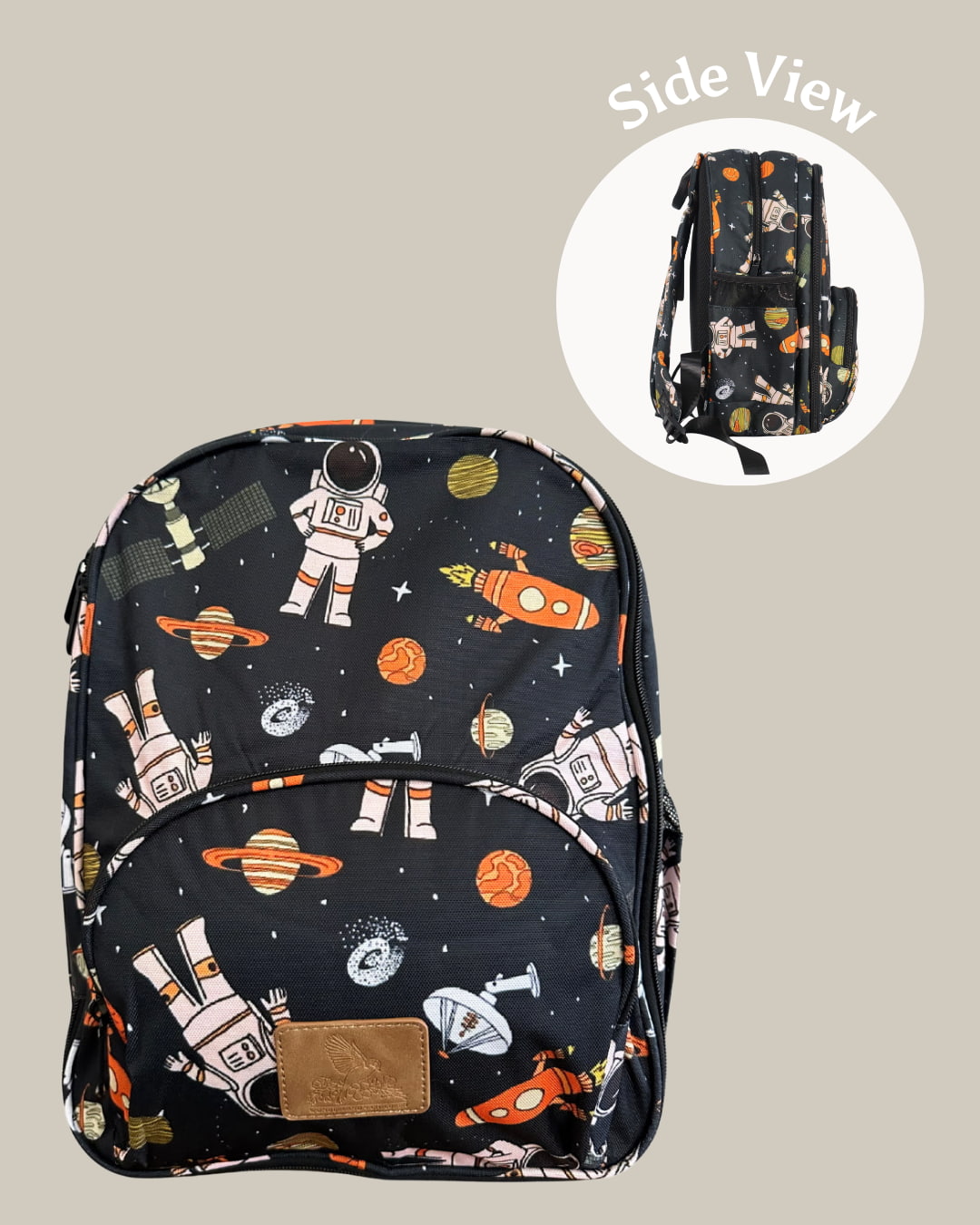 Backpack with space-themed design on a beige background