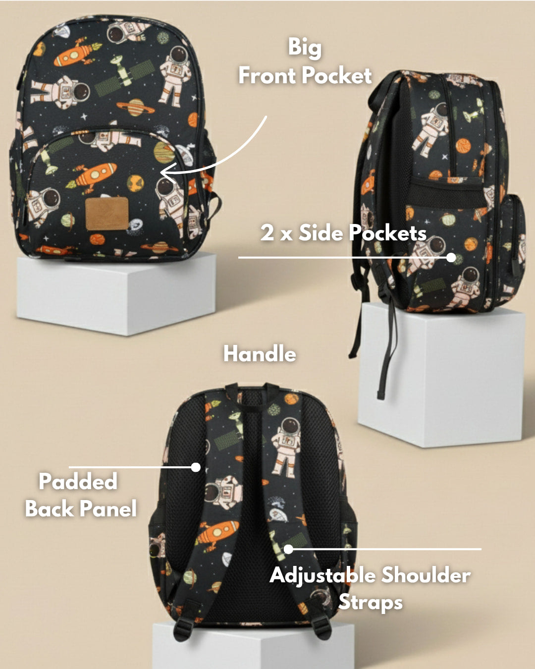 Backpack with astronaut pattern on a beige background, showing features like front pocket, side pockets, handle, back panel, and shoulder straps.
