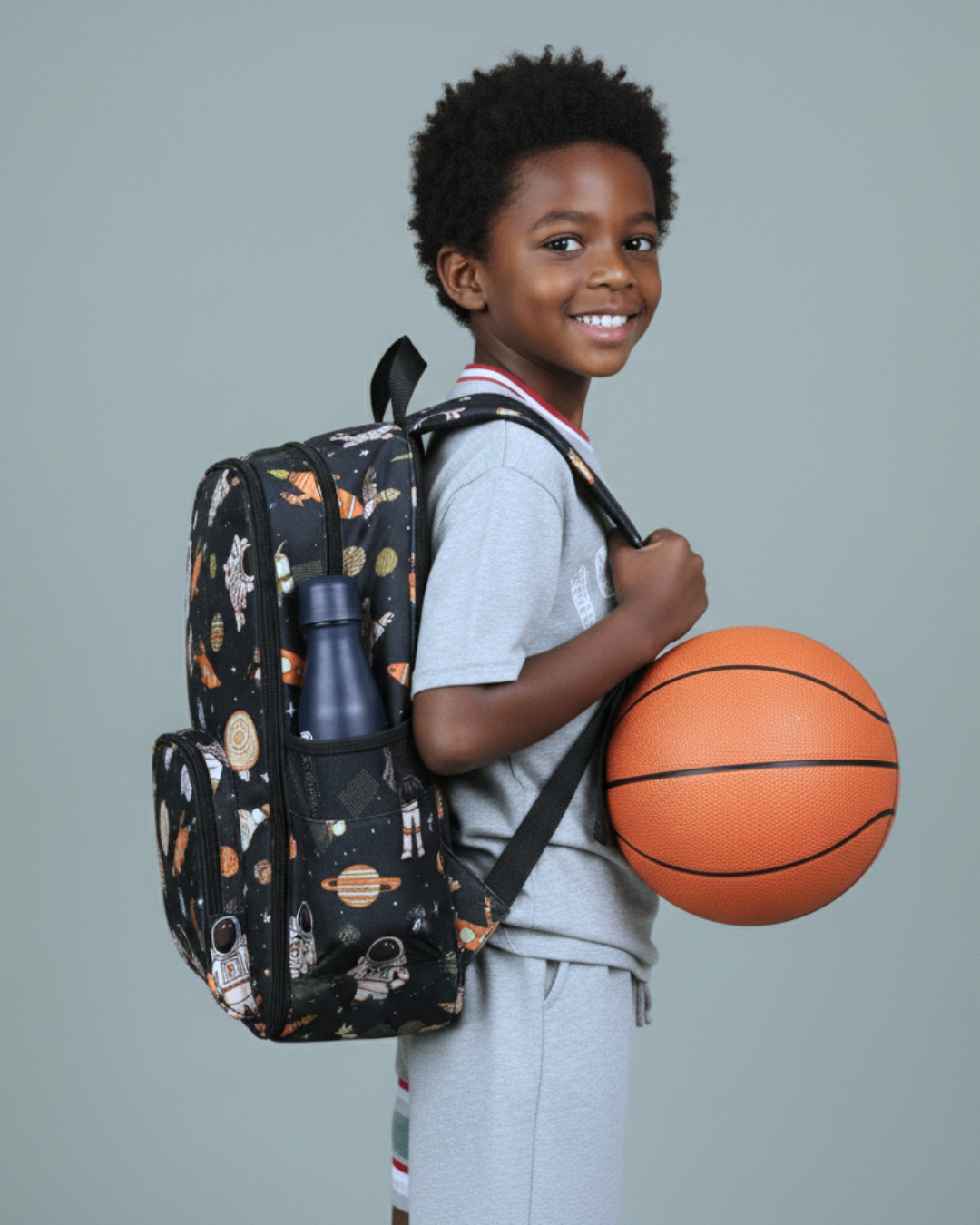 Child with a patterned backpack and basketball on a gray background