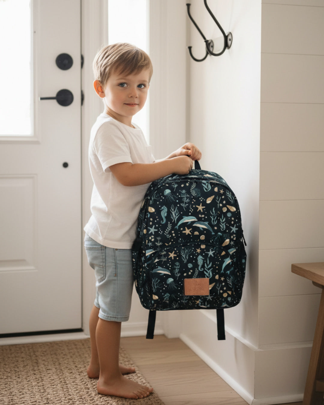 Child holding a backpack with a sea-themed design in a home setting.