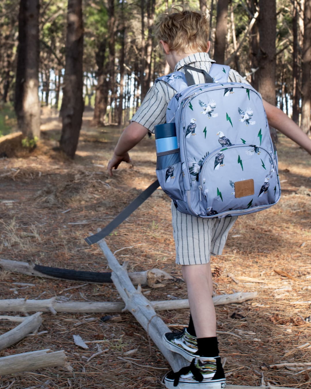 Boy hiking with durable light blue eagle print small backpack, side pockets, and chest strap for secure fit.
