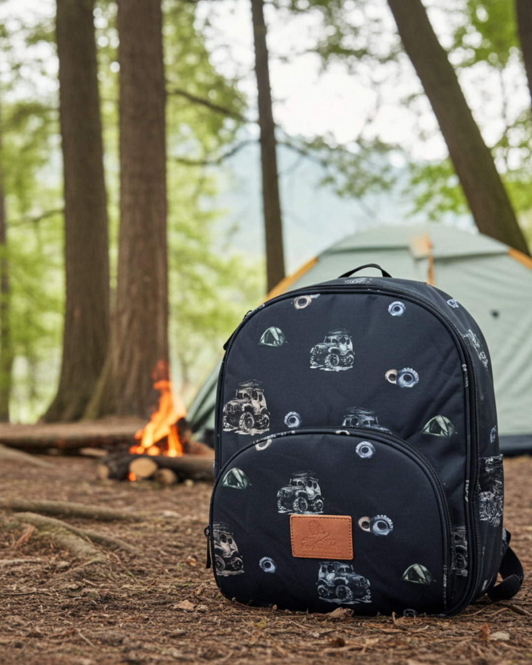 Navy blue backpack with vehicle pattern in a forest setting with a tent and campfire.