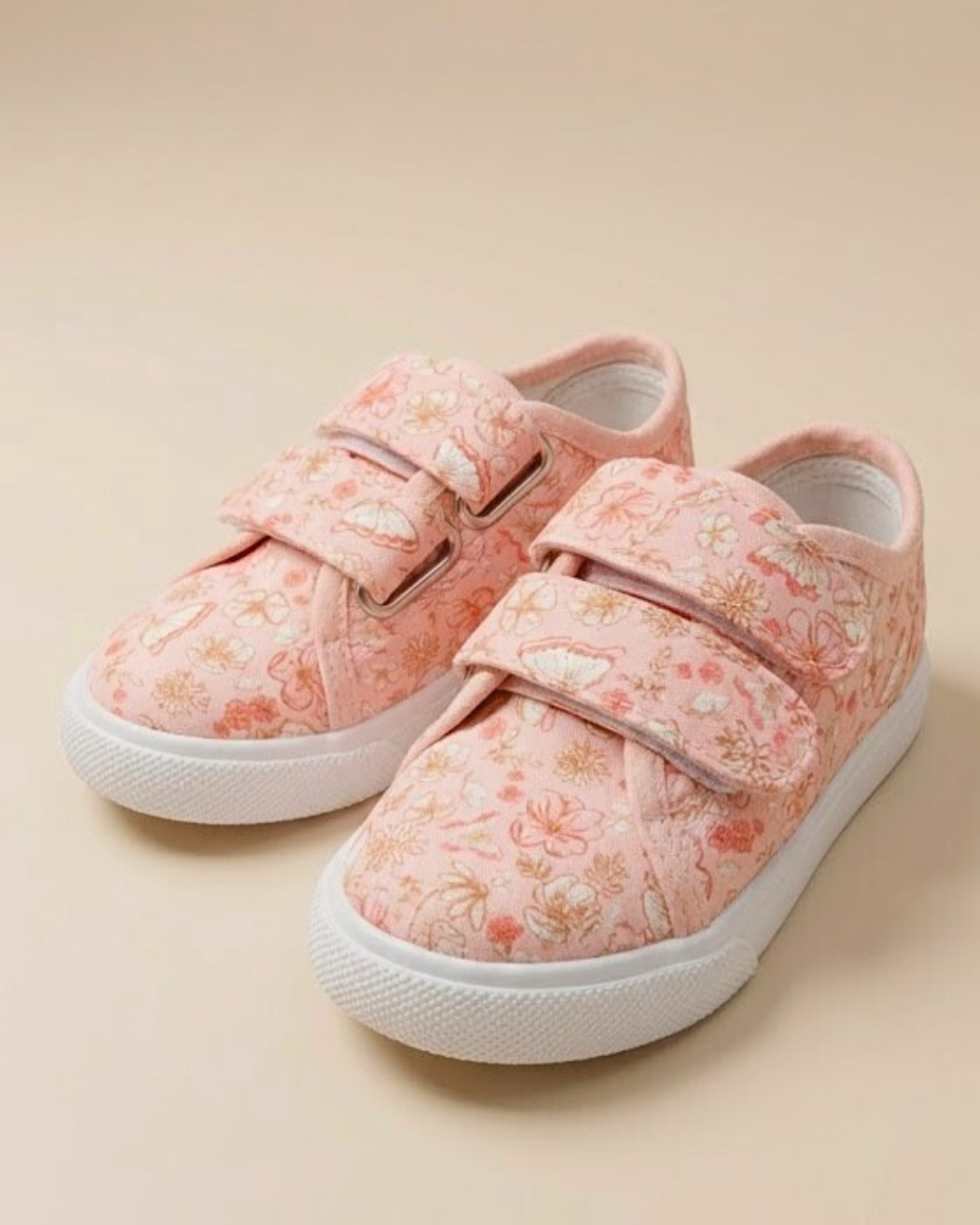 Floral patterned sneakers with velcro straps on a beige background