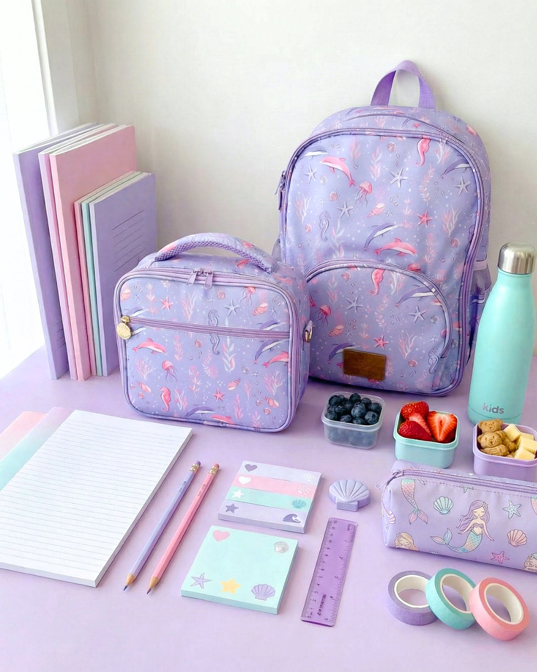 Pastel-colored school supplies including a backpack, lunch bag, and stationery items on a light surface.