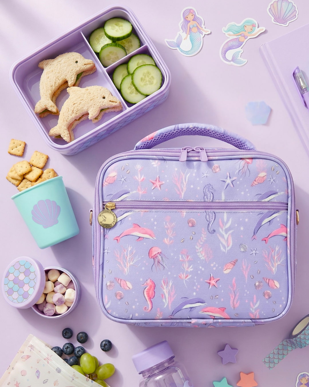 Mermaid-themed lunchbox with bento box, snacks, and drinks on a matching background