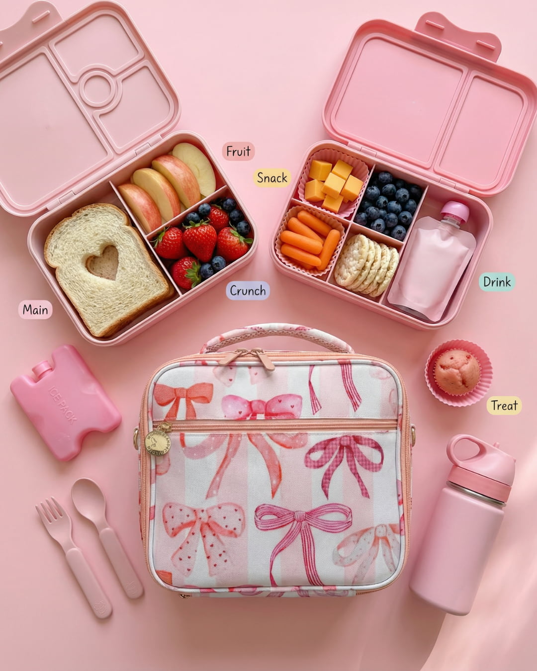 Pink lunchbox with compartments for different food items on a pink background