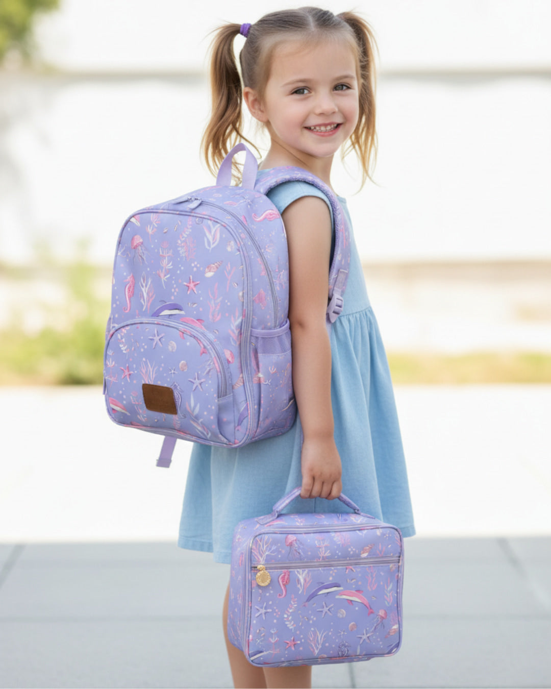 Girl wearing lilac ocean print small backpack and insulated lunch bag for school, showing comfortable fit and matching set.