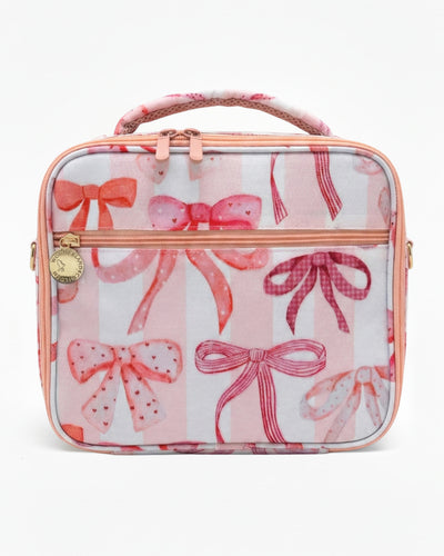 Rectangular bag with pink bow pattern on a white background