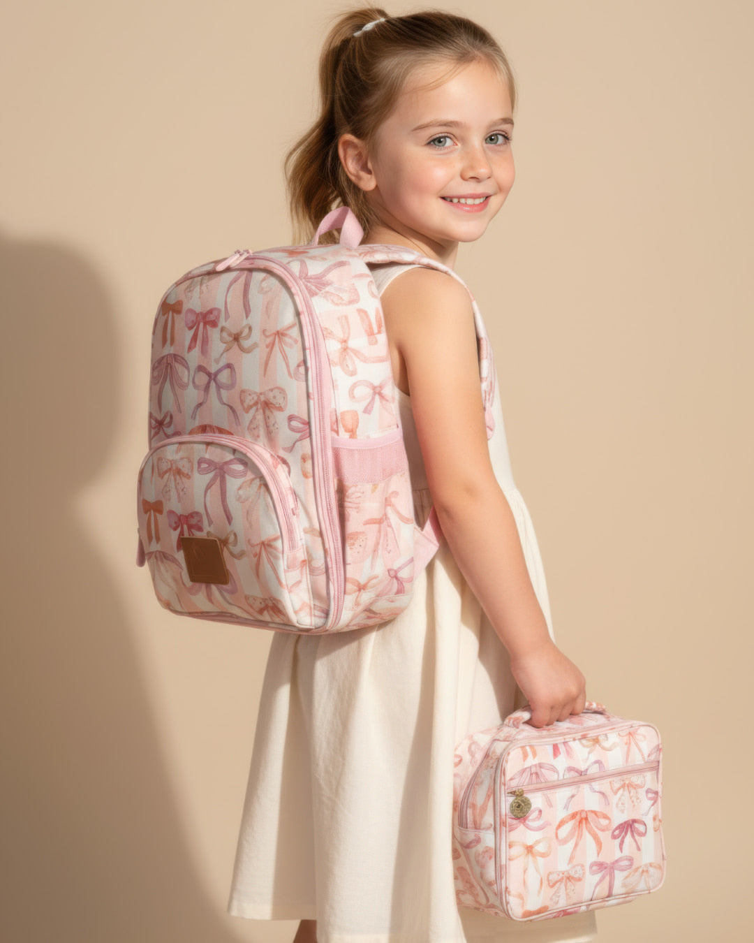 Young girl wearing a pink backpack and holding a matching lunch bag against a beige background