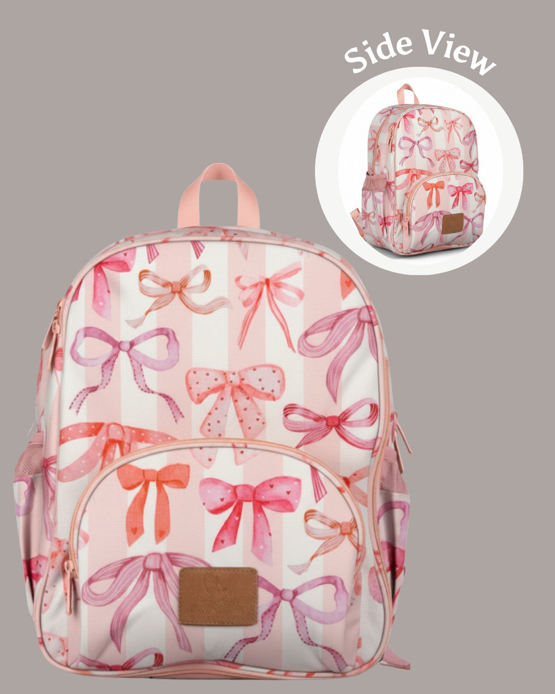 Backpack with pink bow pattern on a gray background