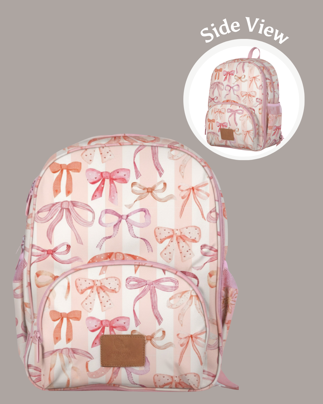 Backpack with bow pattern on a gray background