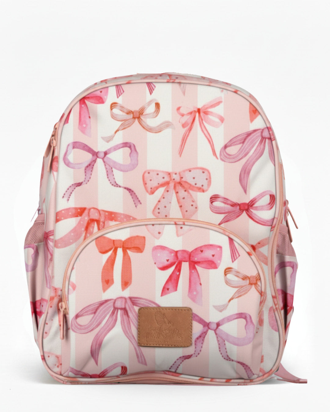 Backpack with pink bow pattern on a white background