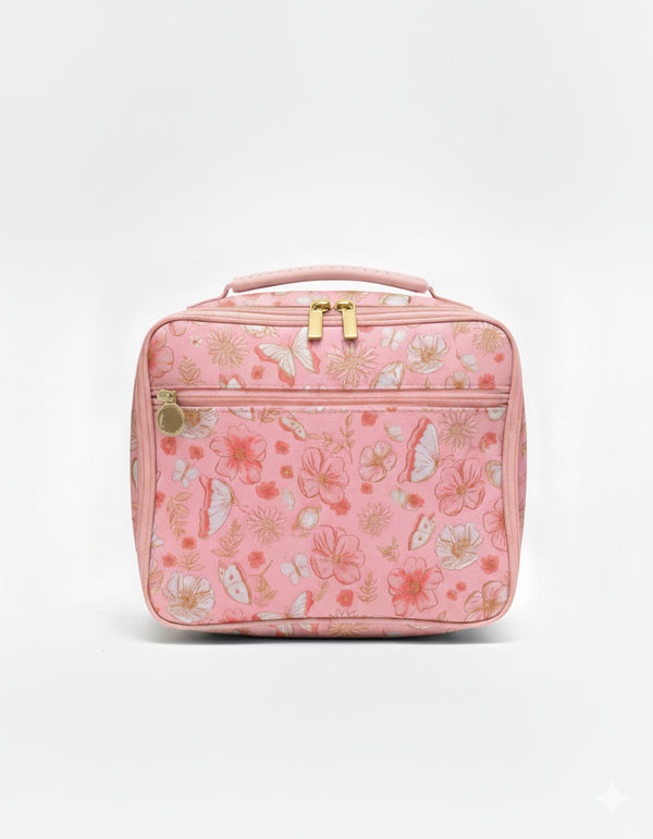 Pink floral patterned lunch bag on a white background