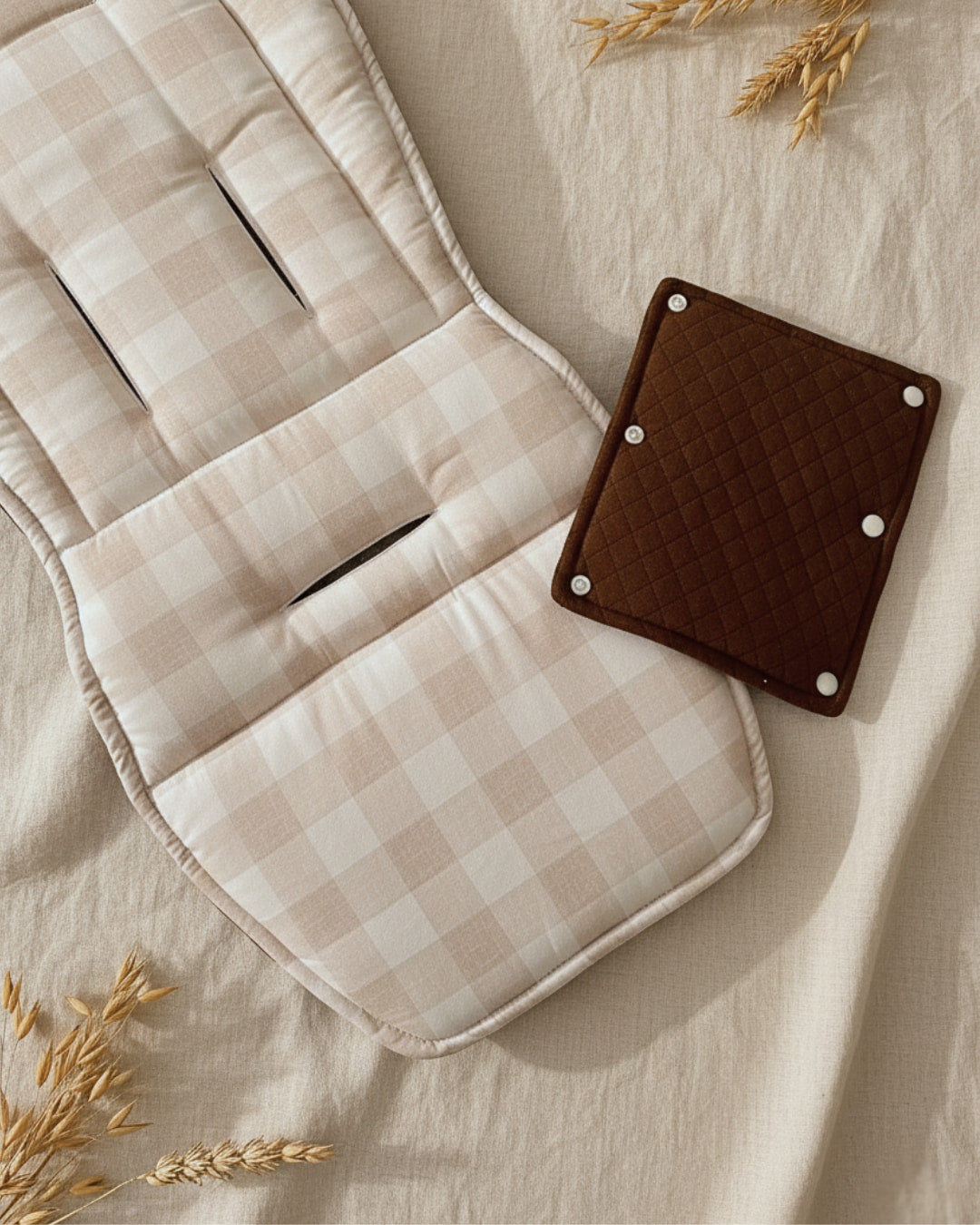 Beige checkered cushion and brown square cushion on a light beige background with dried plants.