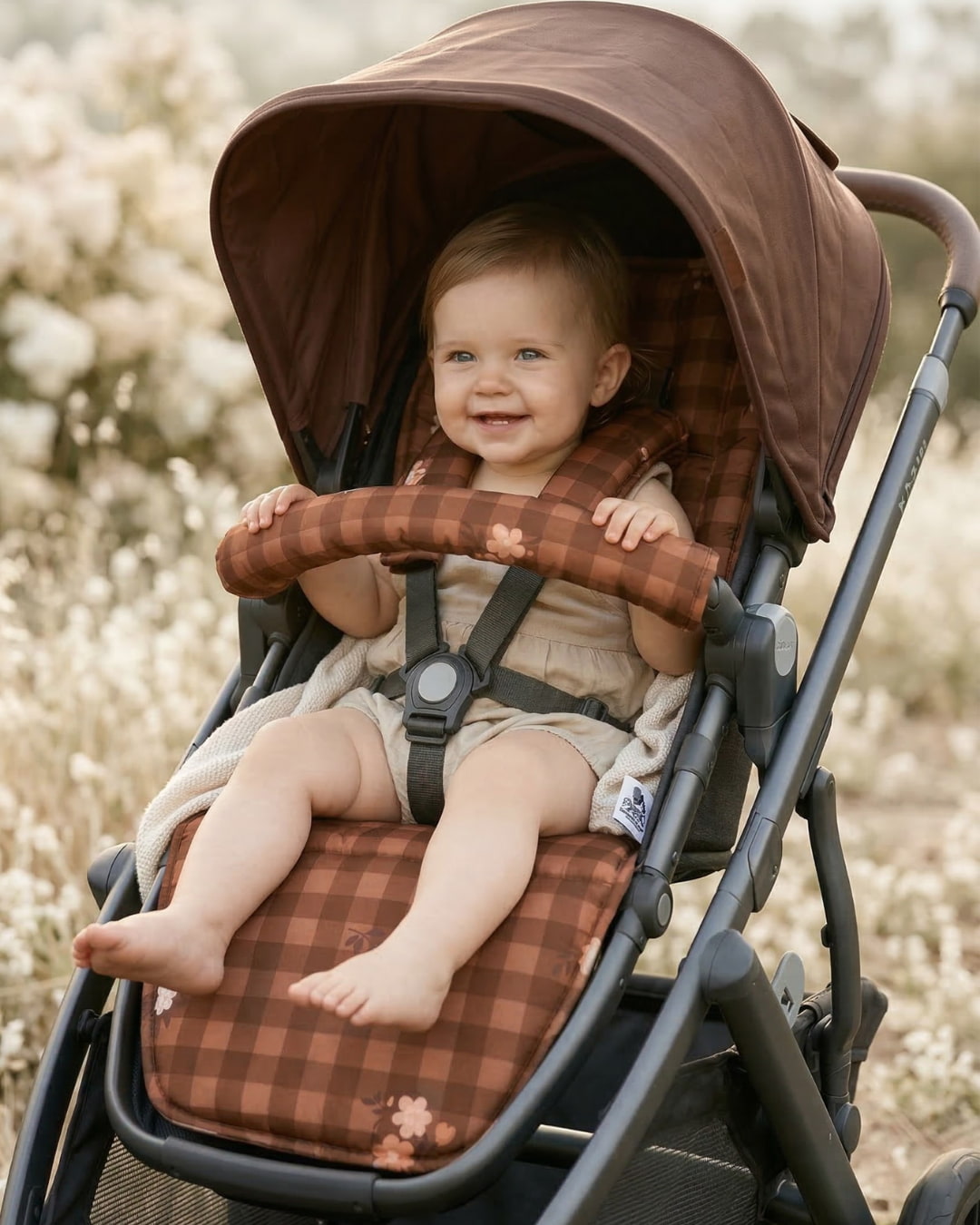 Baby sitting in a brown  gingham floral stroller liner in a natural setting.