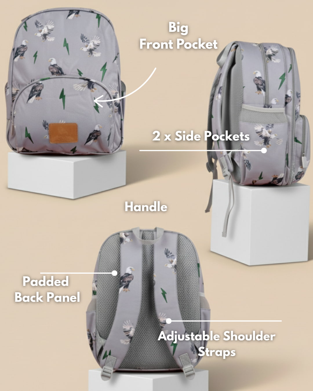 Gray backpack with bird pattern labeled for features on a beige background