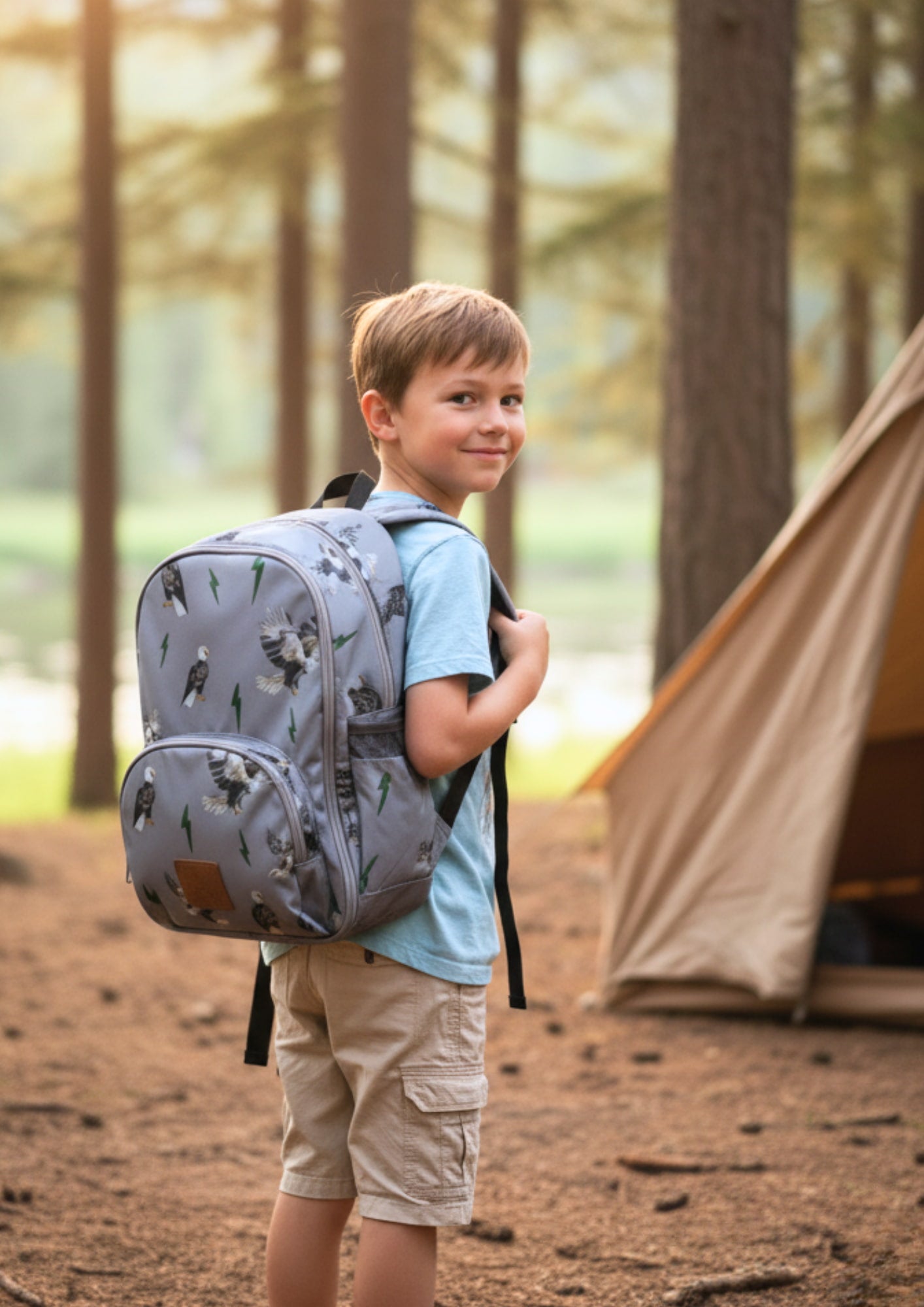 Child with a patterned backpack standing in a forest near a tent.